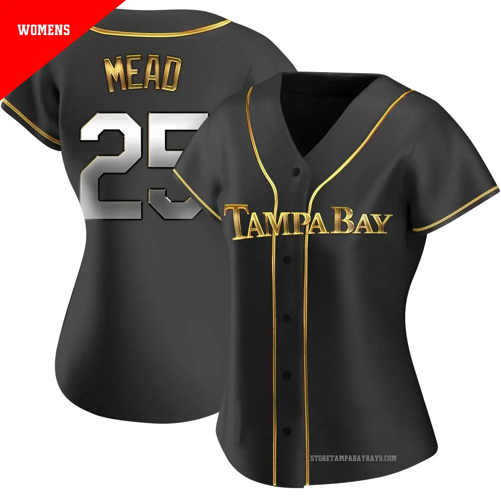 Women's ＃25 Curtis Mead Tampa Bay Rays Gold Replica Black en Alternate Jersey